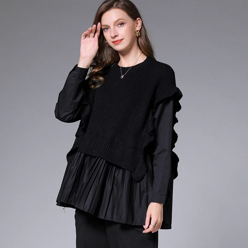 Зимний женский свободный пуловер имитация двух свитеров рубашка с рукавами