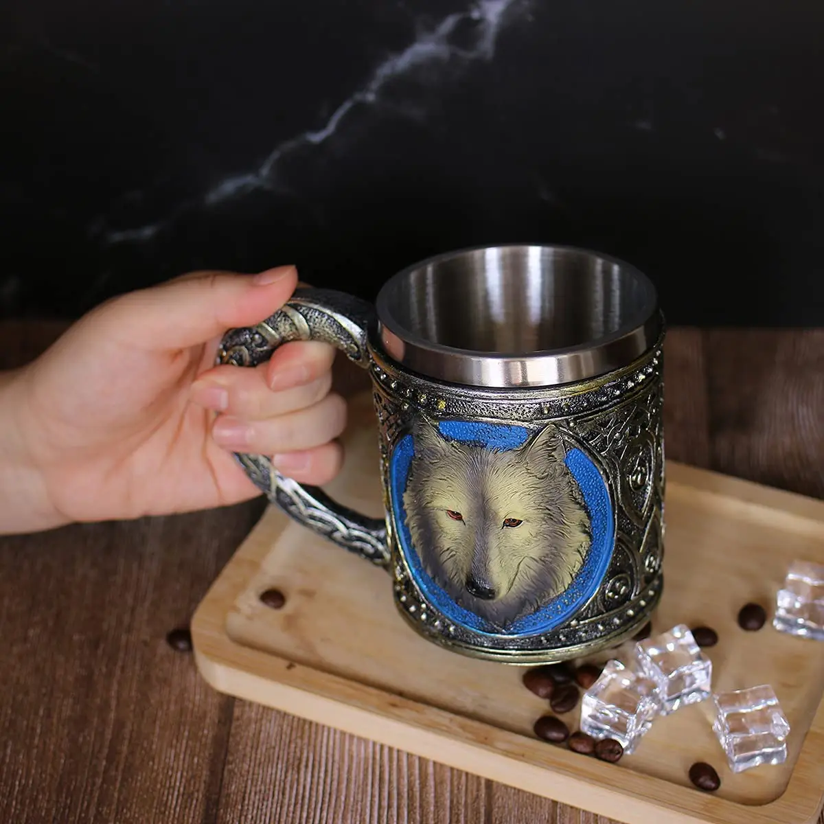 Кружка из нержавеющей стали OTARTU с изображением волка, кружка для кофе из смолы 3D Wolf Crest, кружка для украшения стола