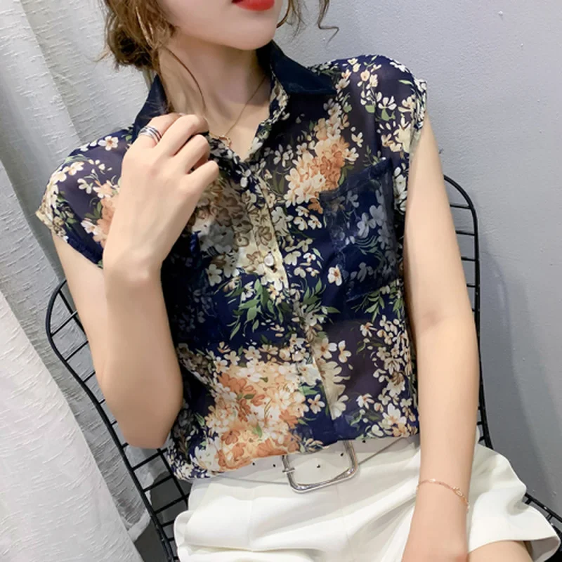 

Casual Sleeveless Print Blouse Spring Summer New Floral Chiffon Shirts Women Plus Size Cardigan Ladies Tops