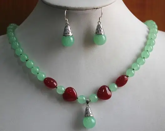 

Fashion 8mm White&Dark Green Pearl/Jade Necklace Earring Pendant Jewelry Set