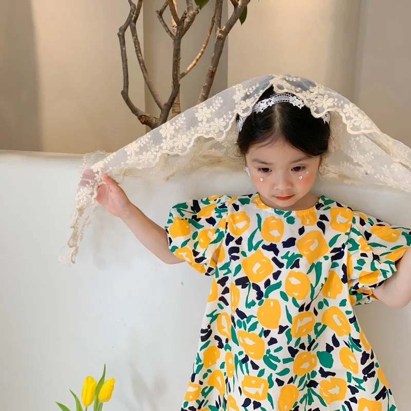 Детское Хлопковое платье с коротким рукавом и цветочным принтом | Детская одежда
