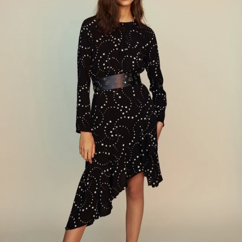 CAMIA Ассиметричное платье миди с рюшами и принтом звезды Черное женское