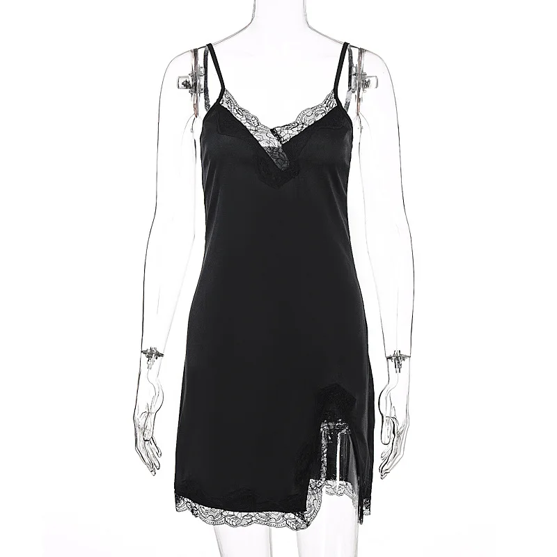 

Nice sleeveless lace patchwork V-neck sexy slip mini slip dress summer women streetwear outfits sleep wear