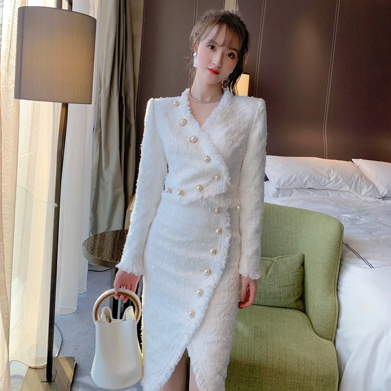 

2021 Autumn Tweed Single Button White Blouse and Split Wrap Skirt Ladies 2 Piece Set High End Women Suit Two Piece Set for Women