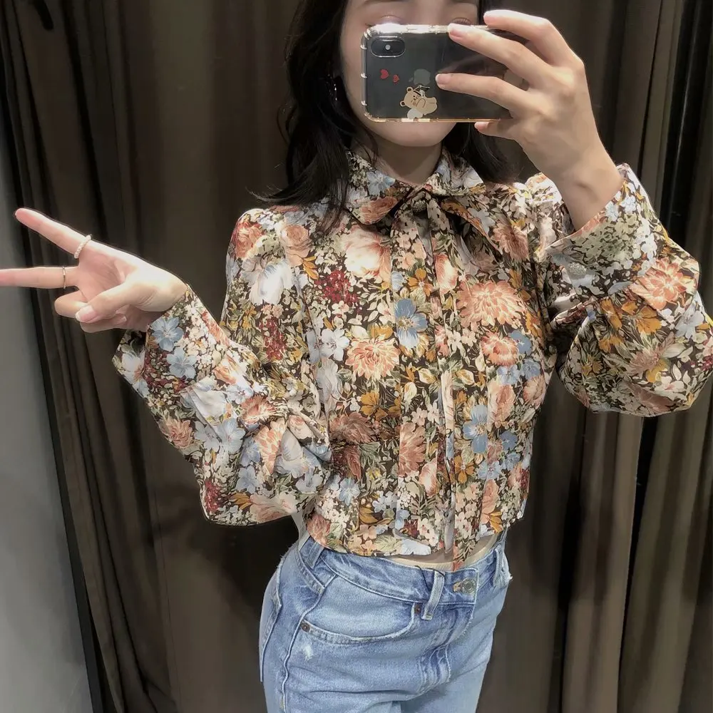 

2020 New Women Shirt Floral Printed Bow Long Sleeves Turn-Down Collar Shirt Tops Female Shirts Femme Mujer Blouse blusas