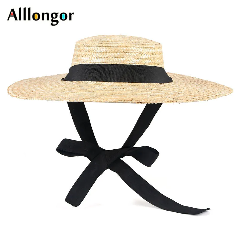 Sombrero de paja de trigo Natural para mujer, visera de protección solar con visera ancha de 12cm, color negro, para playa y verano, 2022