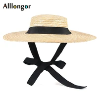 new natural wheat straw hat for women 2021 summer 12cm wide brim sun protection visor sunhat beach black ribbon boater hat derby