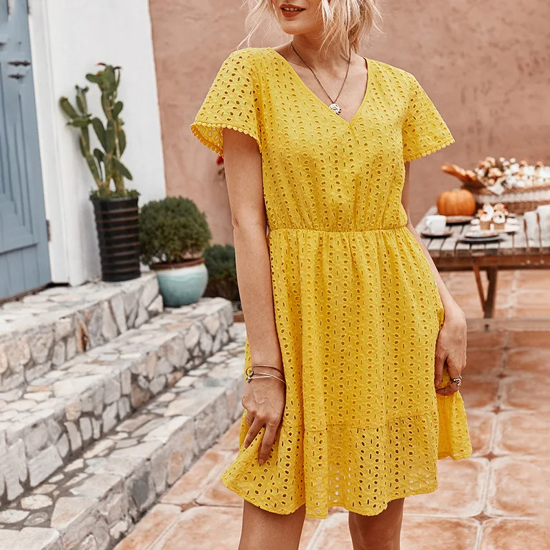 

Summer Dresses For Women 2021 Elegant Party Club Evening Sexy Short Sleeve V Neck Hollow Print Home Holiday Mini Dress Clothing