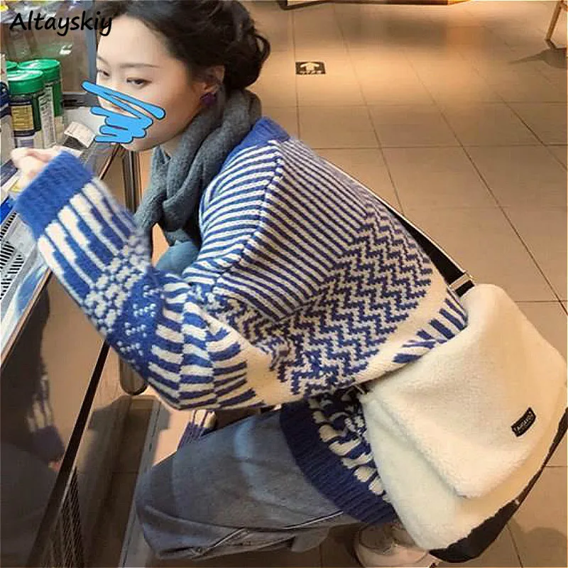 

Sweaters Women 2020 Fashion Autumn Warm Blue Long Sleeve Outerwear Chic Knitted Lady Clothing Pullovers Patchwork Casual Daily