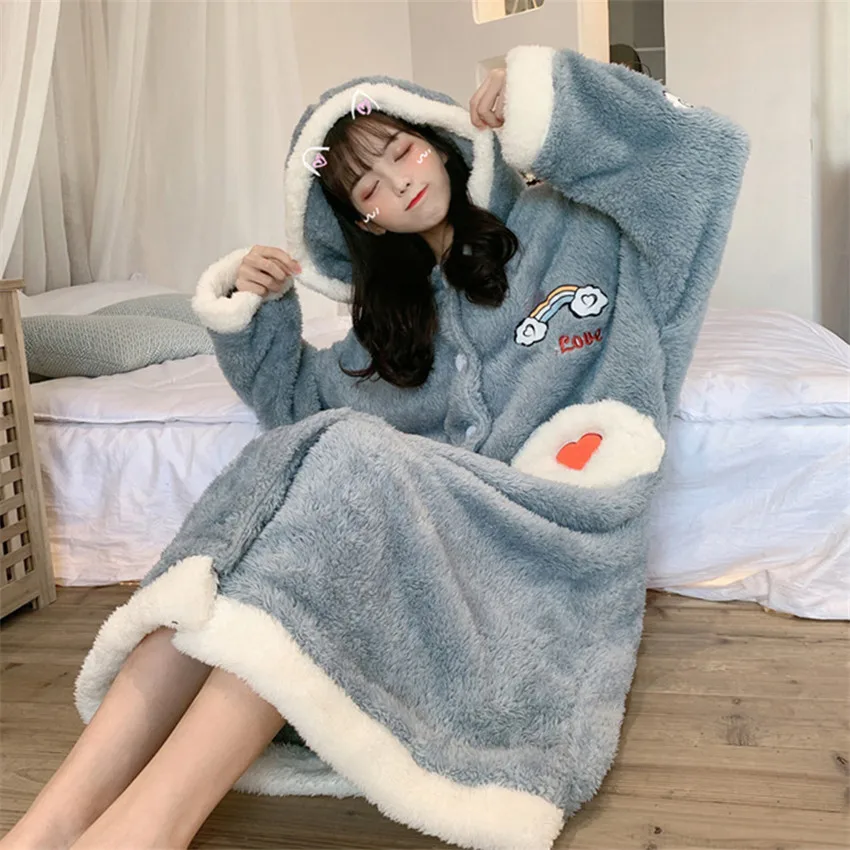 Женская фланелевая ночная рубашка с капюшоном длинным рукавом | одежда