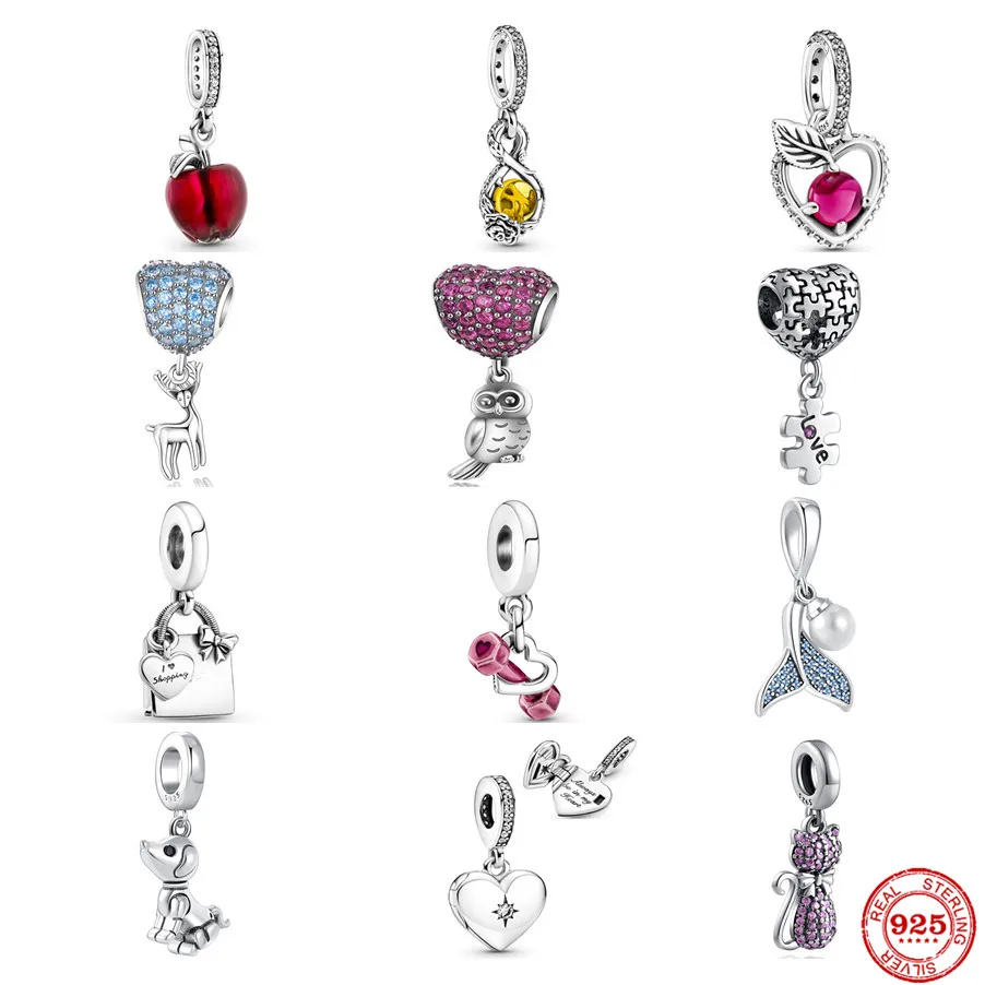 

New Silver 925 Dog Sparkling Purple Cat Dumbbells Dangle Charm Bead Fit Original Pandora Bracelet Pendant DIY Jewelry For Women