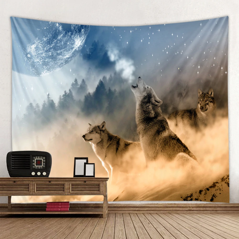 

Howling wolf print tapestry under the night sky dormitory decoration hanging cloth DLY decoration