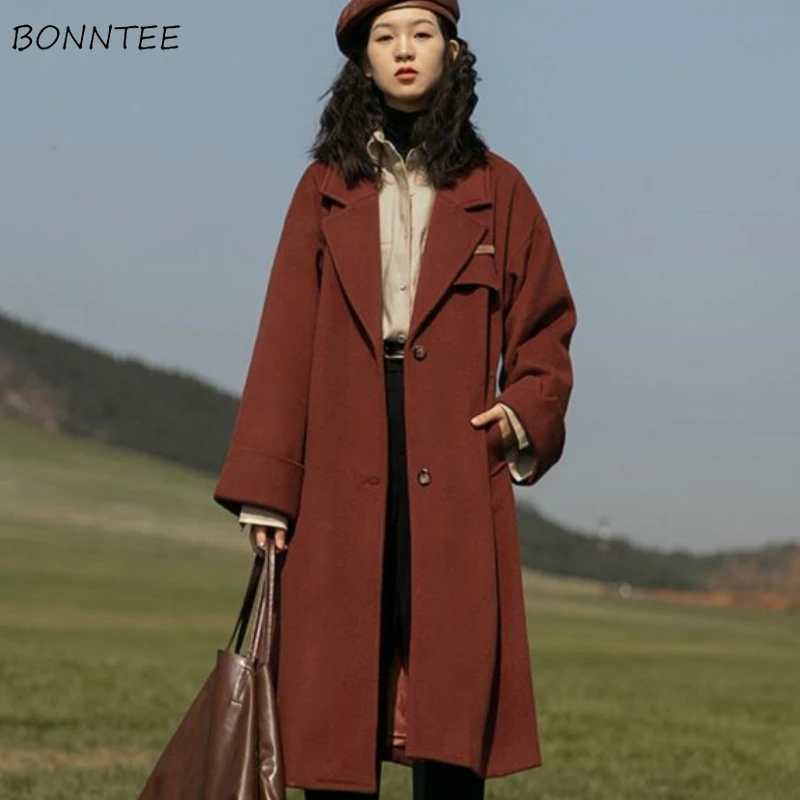 

Womens Blends Winter Solid Turn Down Collar Long Coats Wool Outwear Streetwear Simple Fashion Chic Ulzzang Korean Style Leisure