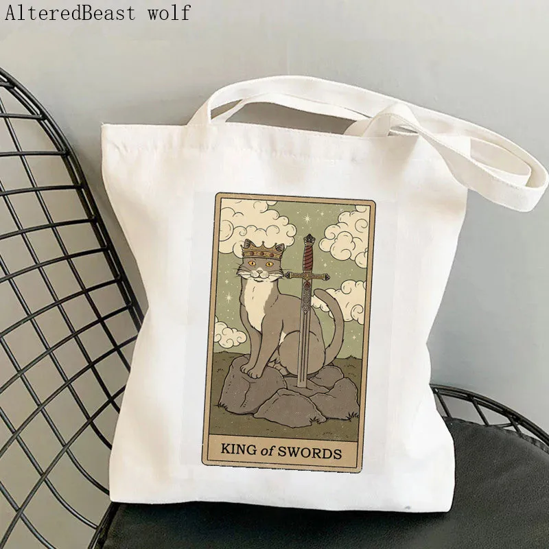 

Women Shopper bag King of Swords cat Tarot Printed Bag Harajuku Shopping Canvas Shopper Bag girl handbag Tote Shoulder Lady Bag