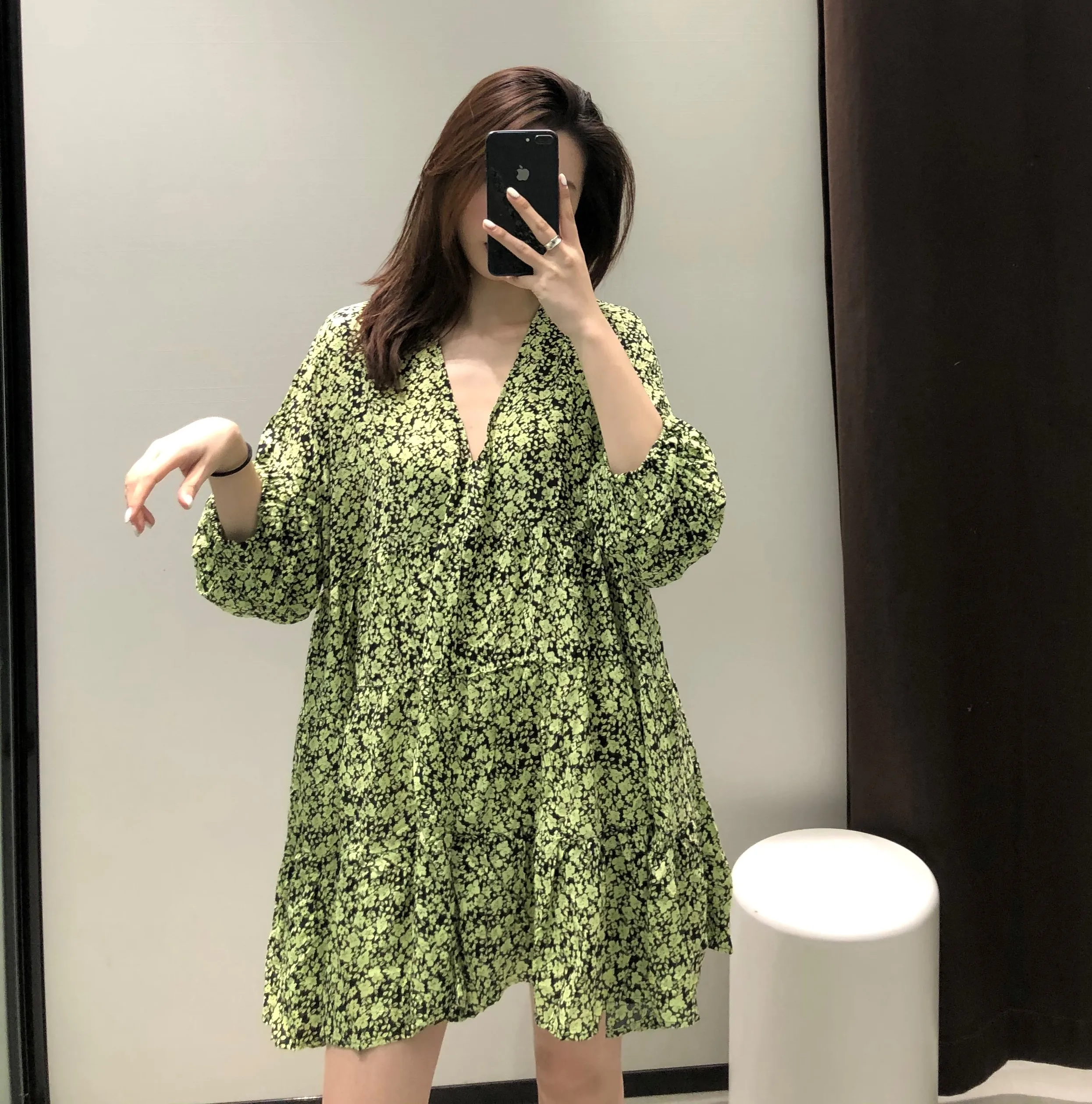 

Wmxz European and American women's spring new loose V-neck bubble sleeve short skirt floral print dress