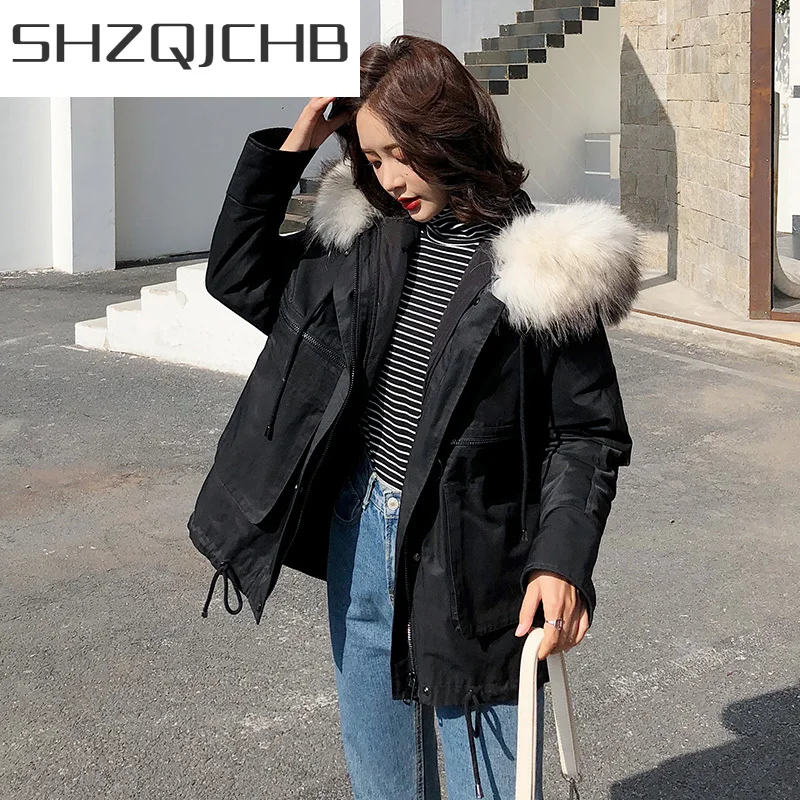 

Женский пуховик с капюшоном SHZQ, зимний пуховик на 90% белом утином пуху, Женская парка, одежда с капюшоном из натурального меха, 2021, LWL1290