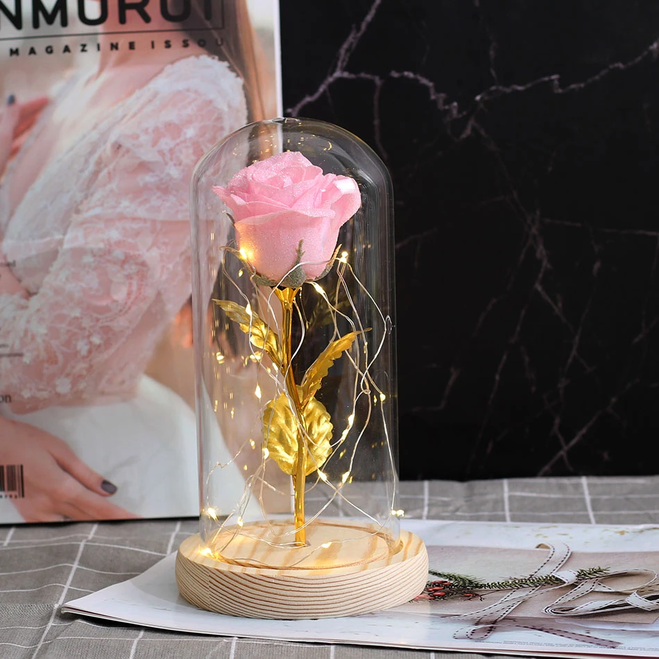 Pink Горячая Красота и чудовище красная роза в стеклянном куполе деревянная основа для украшения День святого Валентина подарки Рождество светодиодный лампы с розами цветок - Цвет: Pink