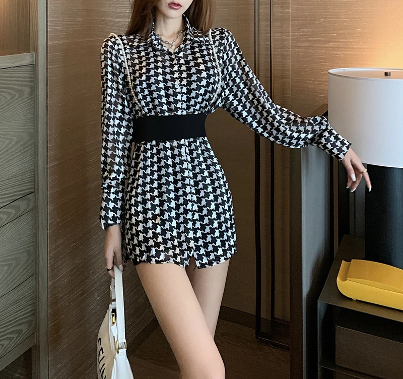 

Summer New Houndstooth Shirt Women's Single Breasted Turn-Down Collar Long Sleeve Plaid Print Streetwear Blouse With Belt