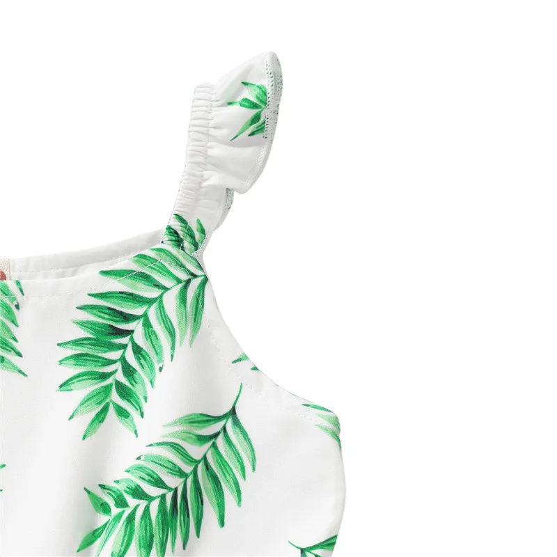 

Kids Baby Girls Camisole Dress with Leaf Print A-line Version Elastic Waist Ruffle Decoration Summer Dress Clothing 2021 New