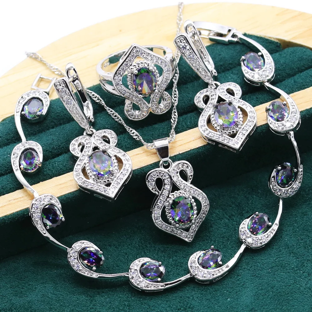 

Mysterious 925 Sterling Silver Jewelry Sets For Women Wedding Multicolor Crystal Bracelet Earrings Necklace pendant Ring