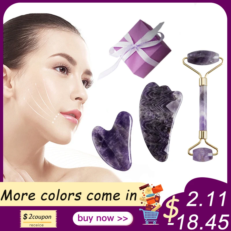 

Amethyst Facial Neck Massage Face Roller Gua Sha Tool Set Natural Stone Jade Roller Slimming Anti Wrinkle Cellulite Beauty Tools