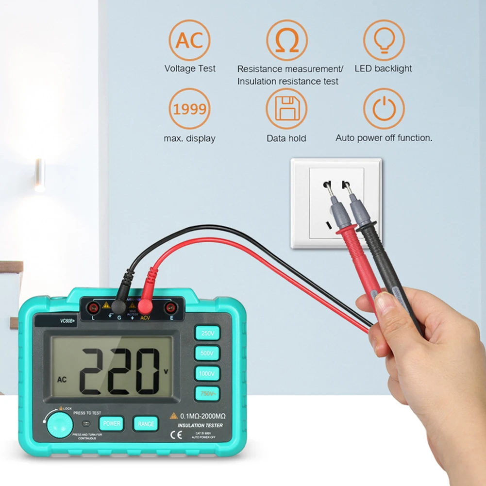 

VC60B+1000V Digital Auto Range Insulation Resistance Meter Tester Megohmmeter Megger High Voltage LED Indication with Display