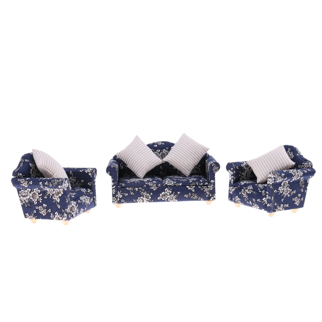 

1/12 мебель для кукольного домика гостиная диван кресла подушки синие