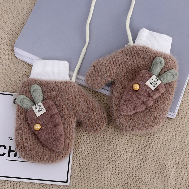 

Children Winter Knitted Wool Gloves Fluffy Hanging Neck Gloves Cartoon Rabbit Carrot Pearl Full Finger Thicken Warm Gloves