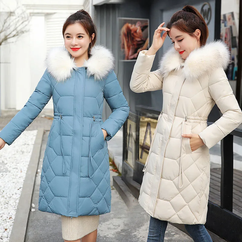 

Mid-Length Parka Winter Jacket Women 2019 New Fur Collar Hooded Slim Fit Office Ladies Quilted Down Cotton Padded Coat Outerwear