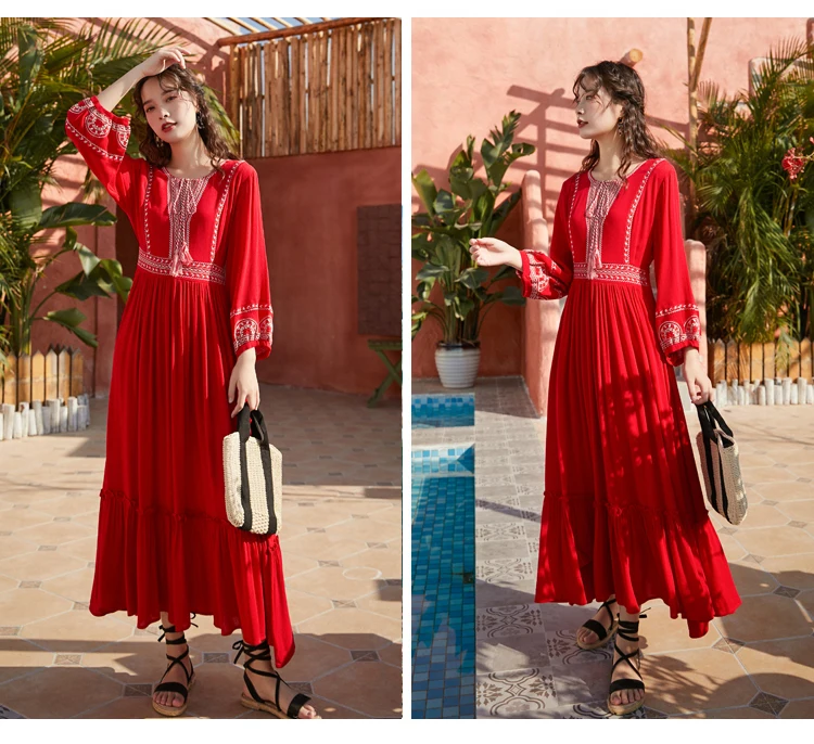 Винтажное богемное Летнее Длинное Платье Tingfly с вышивкой красные вечерние платья