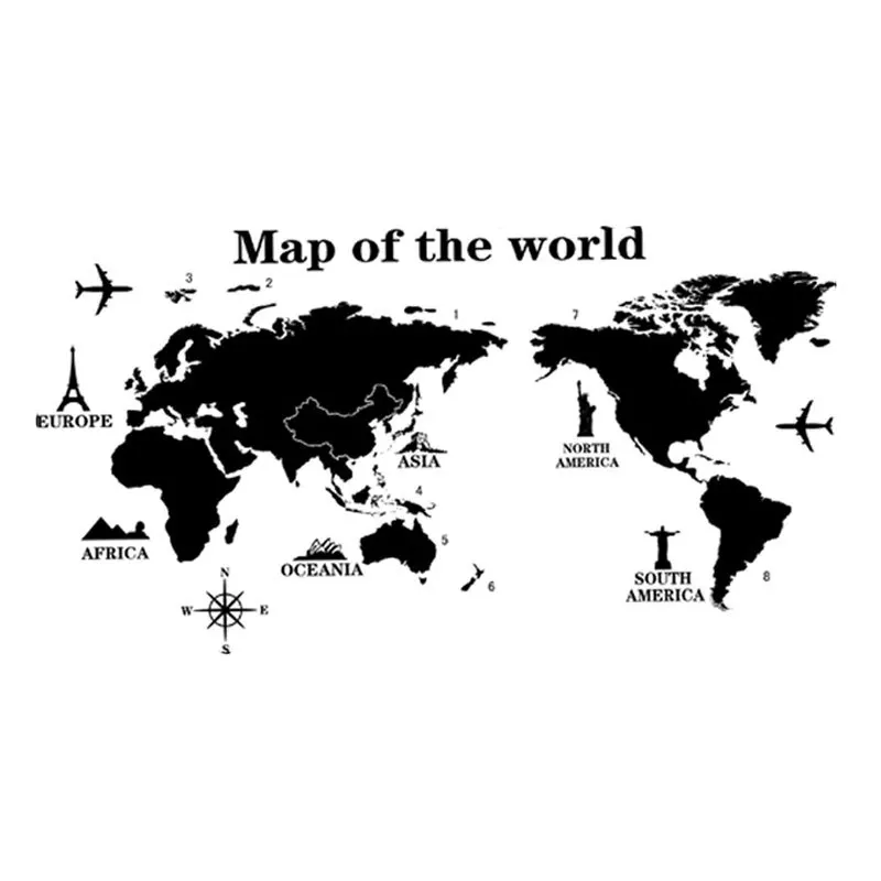 Map of The World Wall Stickers DIY Vinyl Decals for Kids Room Maps Wallpapers Home Decor Black Decoration | Дом и сад