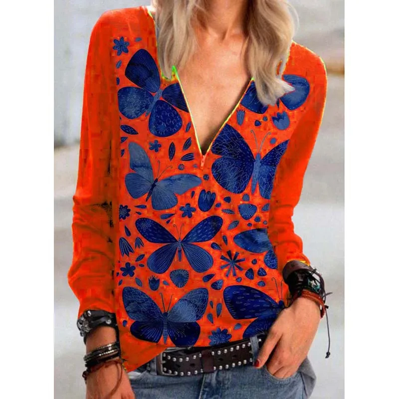 

Butterfly Print Long Sleeve Sexy Zippers Women's T Shirt Spring Autumn Streetwear Loose Casual Ladies Plus Size 5XL