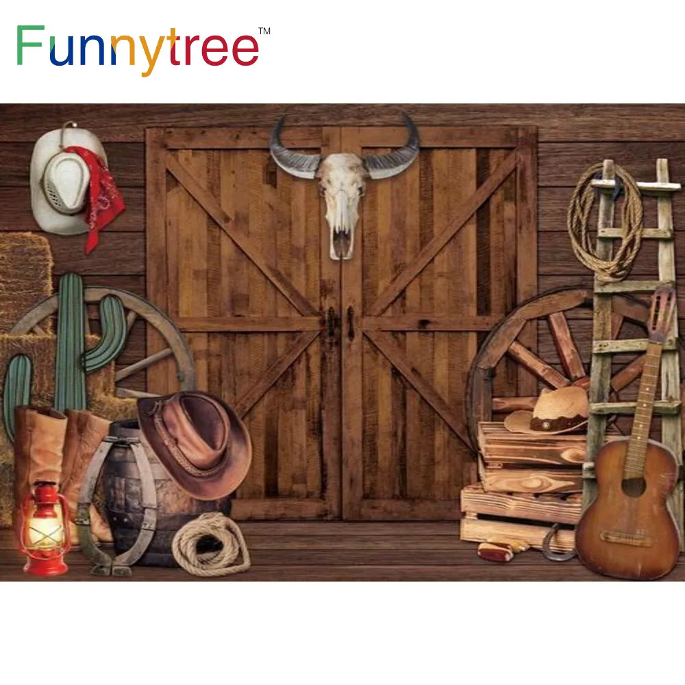 

Задний фон Funnytree в Западном ковбойском стиле для фотосъемки детей с изображением деревянной двери сарая и барбекю