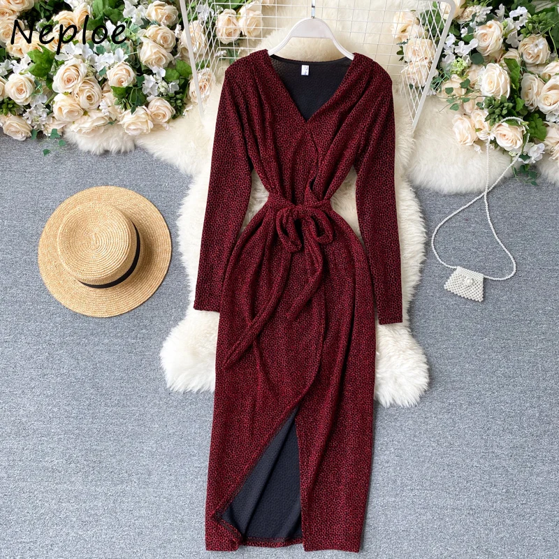 

Neploe Chic Spotted Leopard Drawstring Slim Waist Dress Korean New Autumn V-neck Women Dresses Elegant A-line Split Vestidos