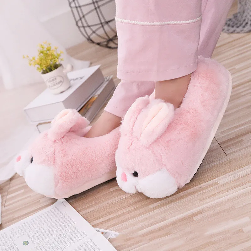 

Women's Winter Cartoon Animal Cotton Shoes Cute Pink Rabbit Plush Slippers Woman Slides Warm Home Shoes Ladies Furry Flip Flops
