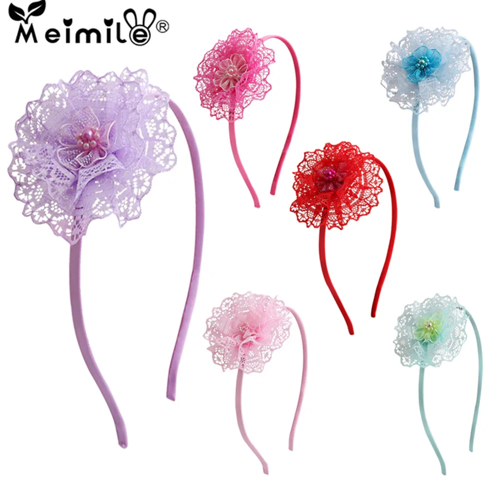 

Meimle girls flower hairband with pearls hair hoop with lace big flower headband for kids hollow retro lace