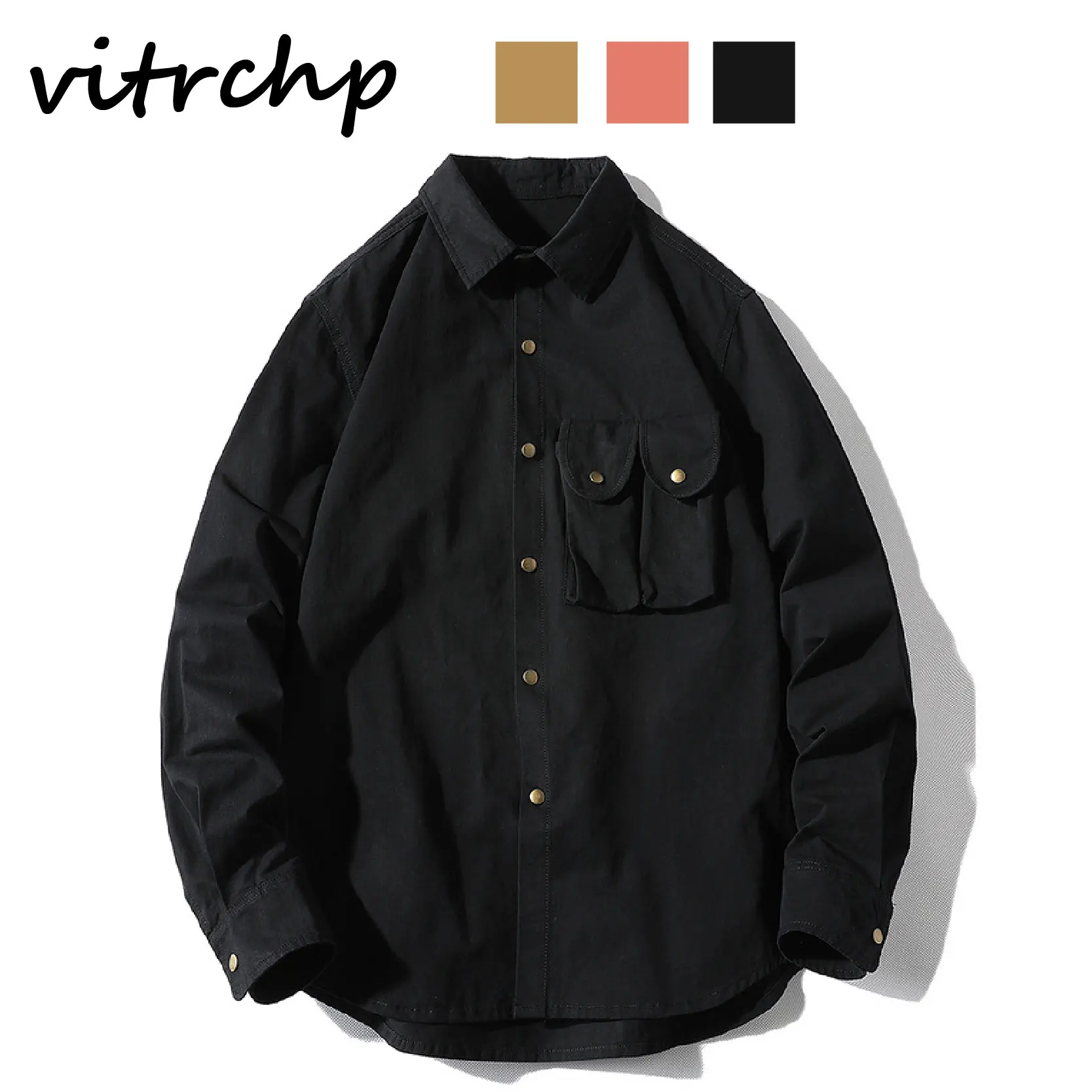 

VITRCHP 2021 Spring New Men Jacket Loose Long Sleeve Korean Harajuku Style Hip Hop Outdoor Street Button Pocket Male Coat