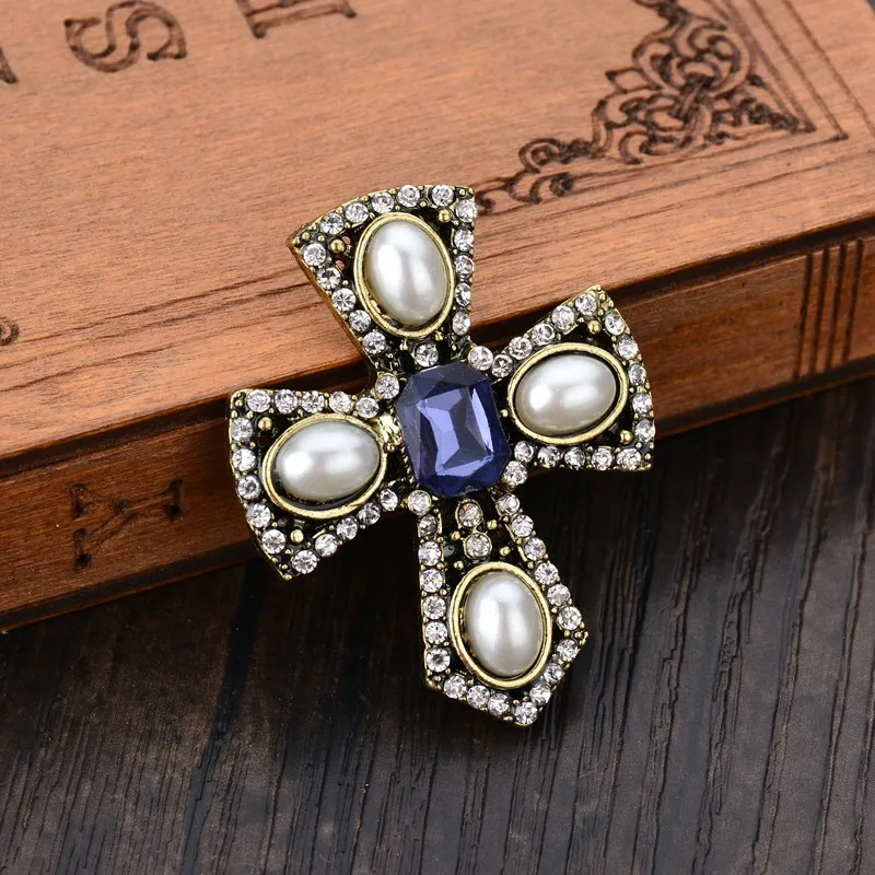 Vintage Jesus Cross Brooch White Pearl Blue Clear Rhinestone Unisex Gift for Men and Women | Украшения и аксессуары