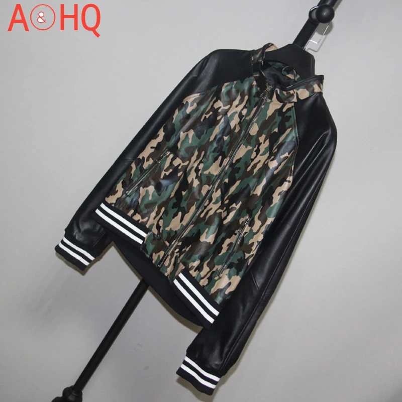 

Fashion Women Camouflage Print Genuine Leather Aviator Bomber Jacket Slim Sheepskin Real Leather Jacket Coats Ladies Streetwear