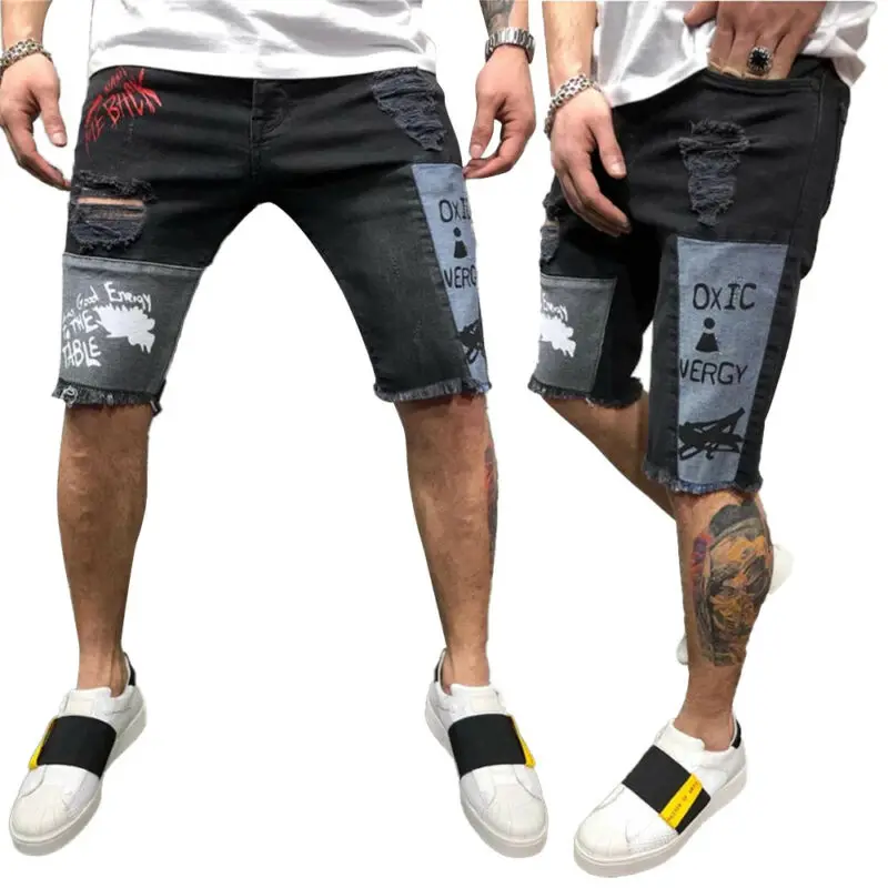 

New Mens Denims Jeans Shorts Ripped Slim Slimming Shorts Printing Fit Trouser