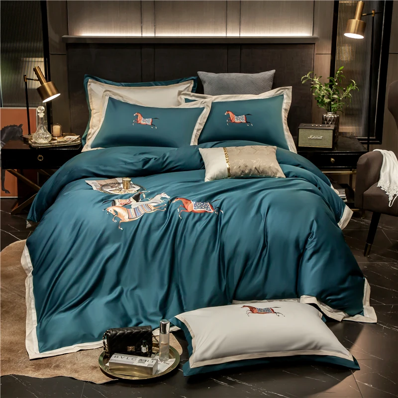 

Luxury Blue/White 600TC Egyptian Cotton Horse Embroidery Bedding Set Double Duvet Cover Set Bed Sheet Pillowcases Home Textiles
