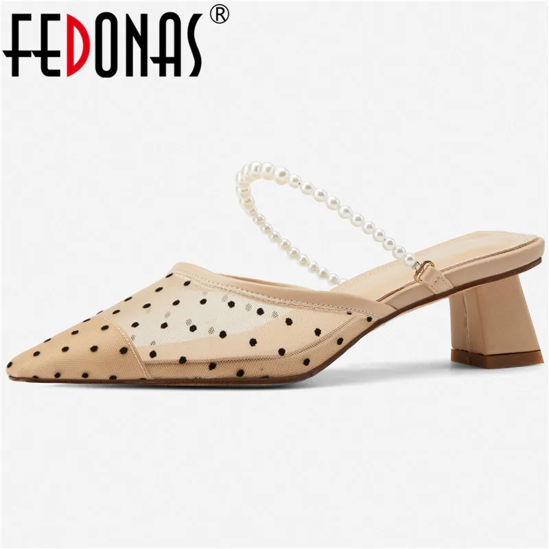 Женские мюли с заостренным носком FEDONAS черные туфли-лодочки жемчужным украшением
