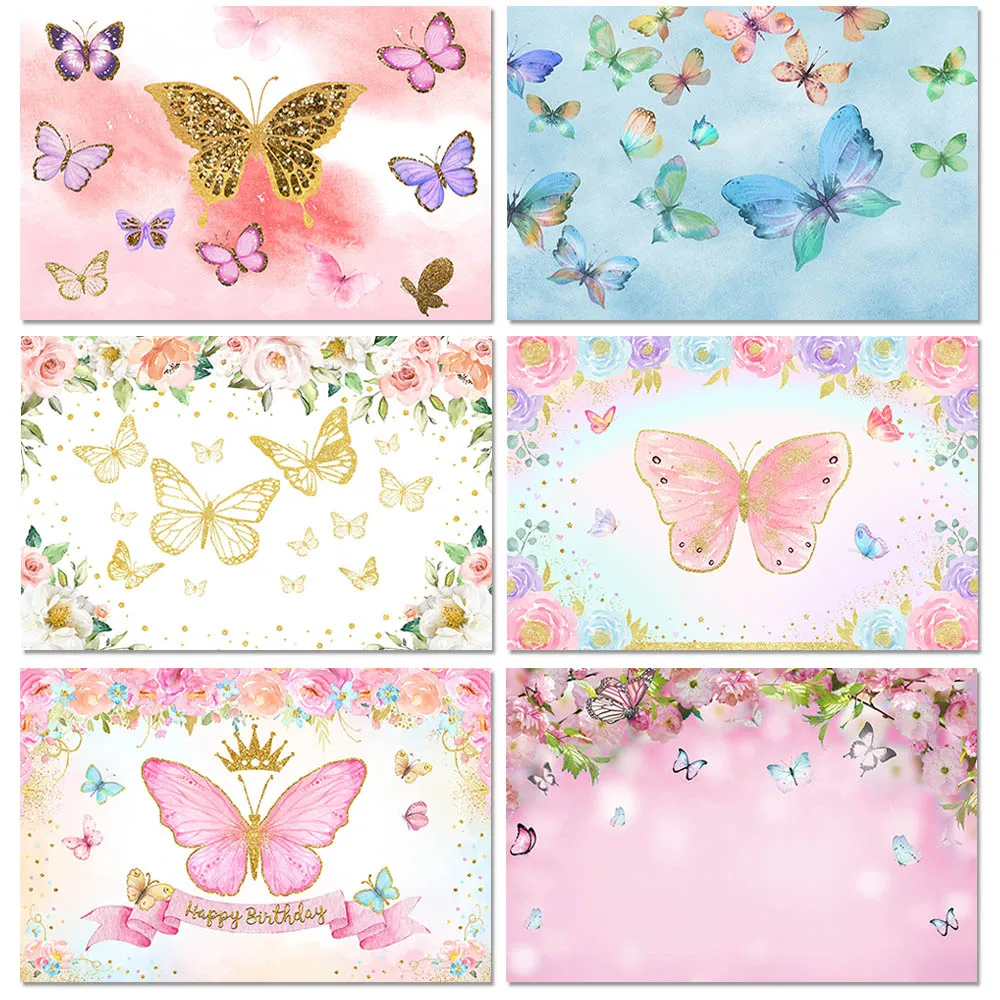 

Spring Butterfly Theme Girl Birthday Cake Smash Photography Backdrop Shiny Gold Flower Decor Photo Props Studio Booth Background