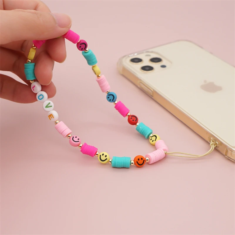 Bohemian Colored Soft Pottery Beaded Mobile Phone Chain Creative Smiley Face LOVE Letter Ladies Mobile Phone Anti-Lost Chain