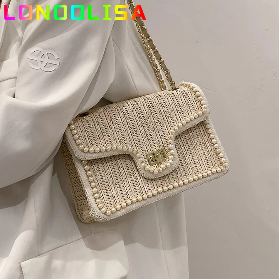 

Weave Square Crossbody Bag 2021 New High-quality Straw Women's Designer Handbag Pearl Chain Shoulder Messenger Knitting Purses