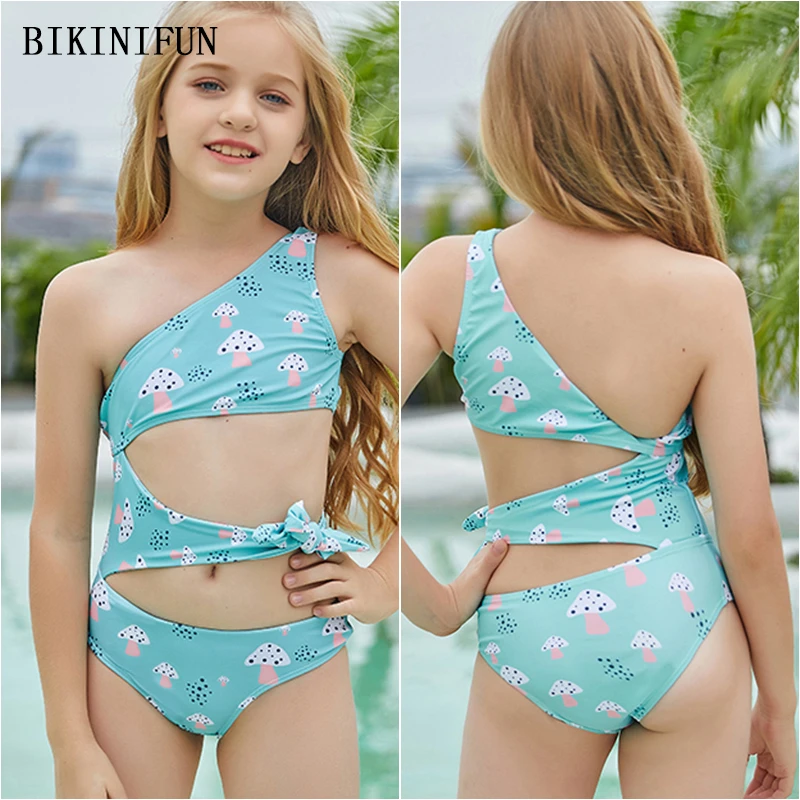 

Новый милый купальник Sinlge на одно плечо, Женский монокини с бантом, детская пляжная одежда с вырезом, цельнокроеный костюм с принтом