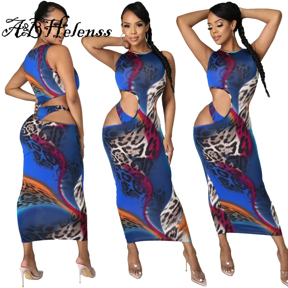 

Summer 2021 Female Streetstyle Dress Fashion Tie-dye Leopard Print Sexy Hollow Out Slim Sleeveless Dresses