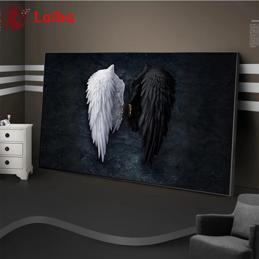 

Картины с квадратными кристаллами full drill, абстрактное искусство, черно-белые крылья, алмазная вышивка Full round 5d, алмазная живопись своими рука...