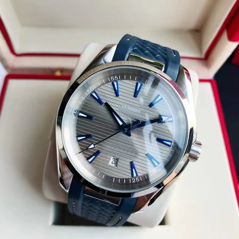 

Round Case Men's Automatic Watch Miyota 8215 Movement Waterproof Luminous Mechanical Watch Rubber Strap Blue Silver