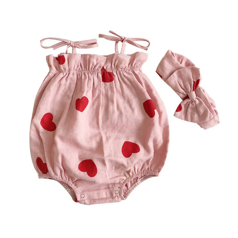 

Summer Baby Girl Love Baby Romper Send Hairband Sling Short Sleeve Love Bag Fart Clothes infant girl baby clothes